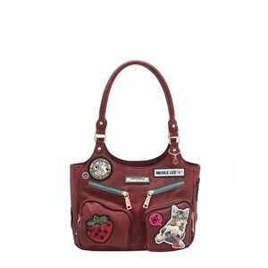 Nicole Lee Burgundy Shoulder Bag with Fun Patches